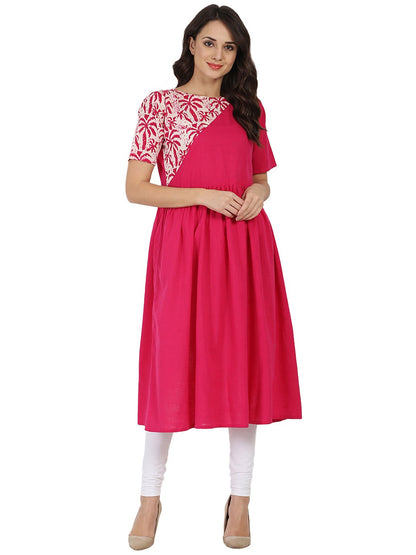 Women's Pink Half Sleeve Cotton Anarkali Kurta