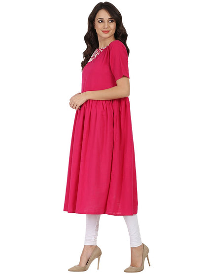 Women's Pink Half Sleeve Cotton Anarkali Kurta
