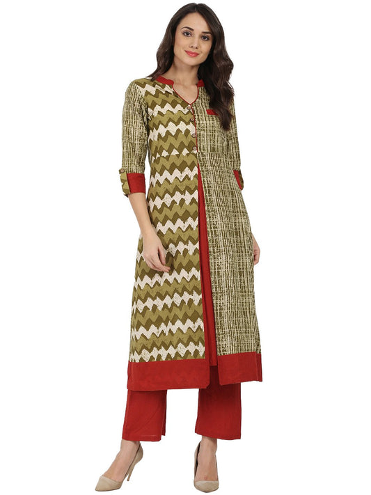 Women's Green Printed 3/4Th Sleeve Cotton A-Line Kurta