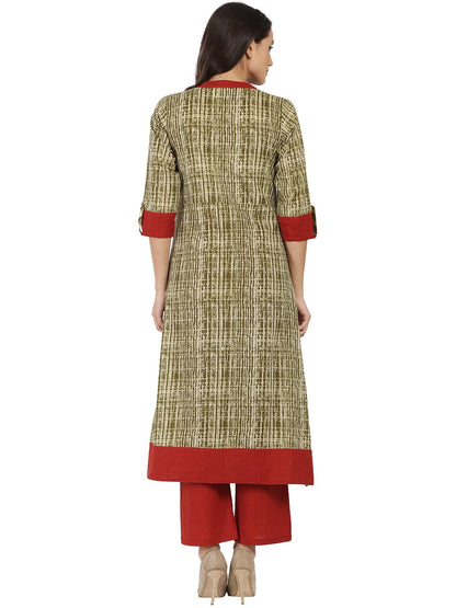 Women's Green Printed 3/4Th Sleeve Cotton A-Line Kurta