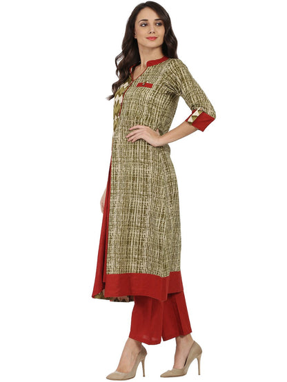 Women's Green Printed 3/4Th Sleeve Cotton A-Line Kurta