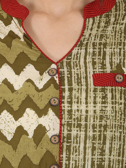 Women's Green Printed 3/4Th Sleeve Cotton A-Line Kurta