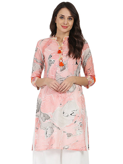 Women's Peach Marval Printed 3/4Th Sleeve Cotton Kurta
