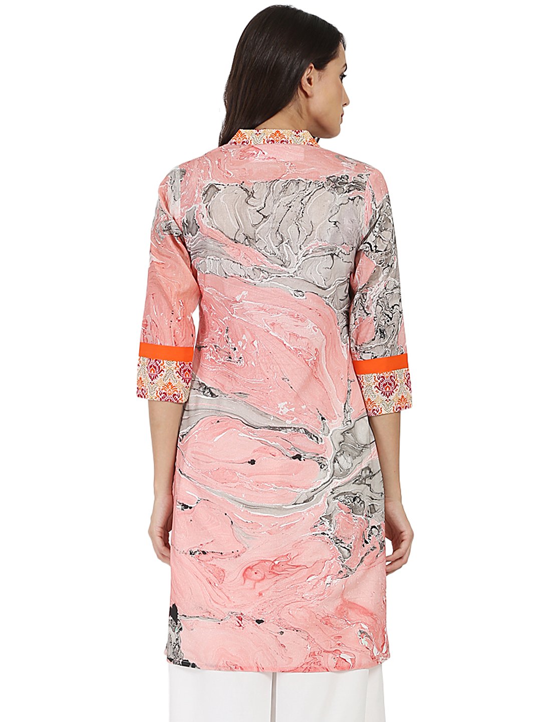 Women's Peach Marval Printed 3/4Th Sleeve Cotton Kurta