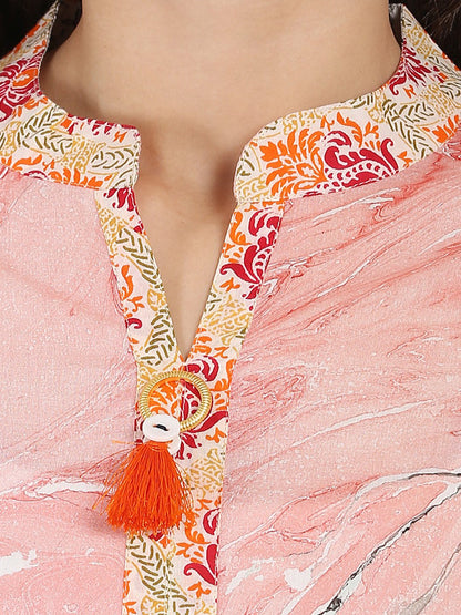 Women's Peach Marval Printed 3/4Th Sleeve Cotton Kurta
