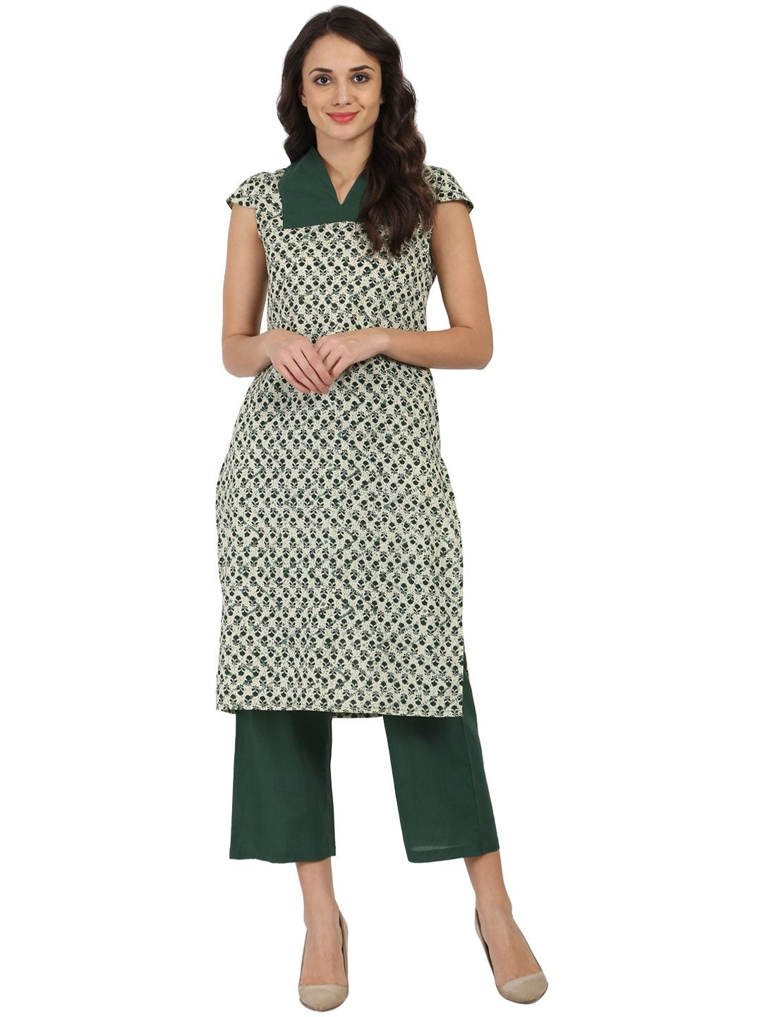 Women's Green Sleeveless Cotton Kurta With Green Palazzo