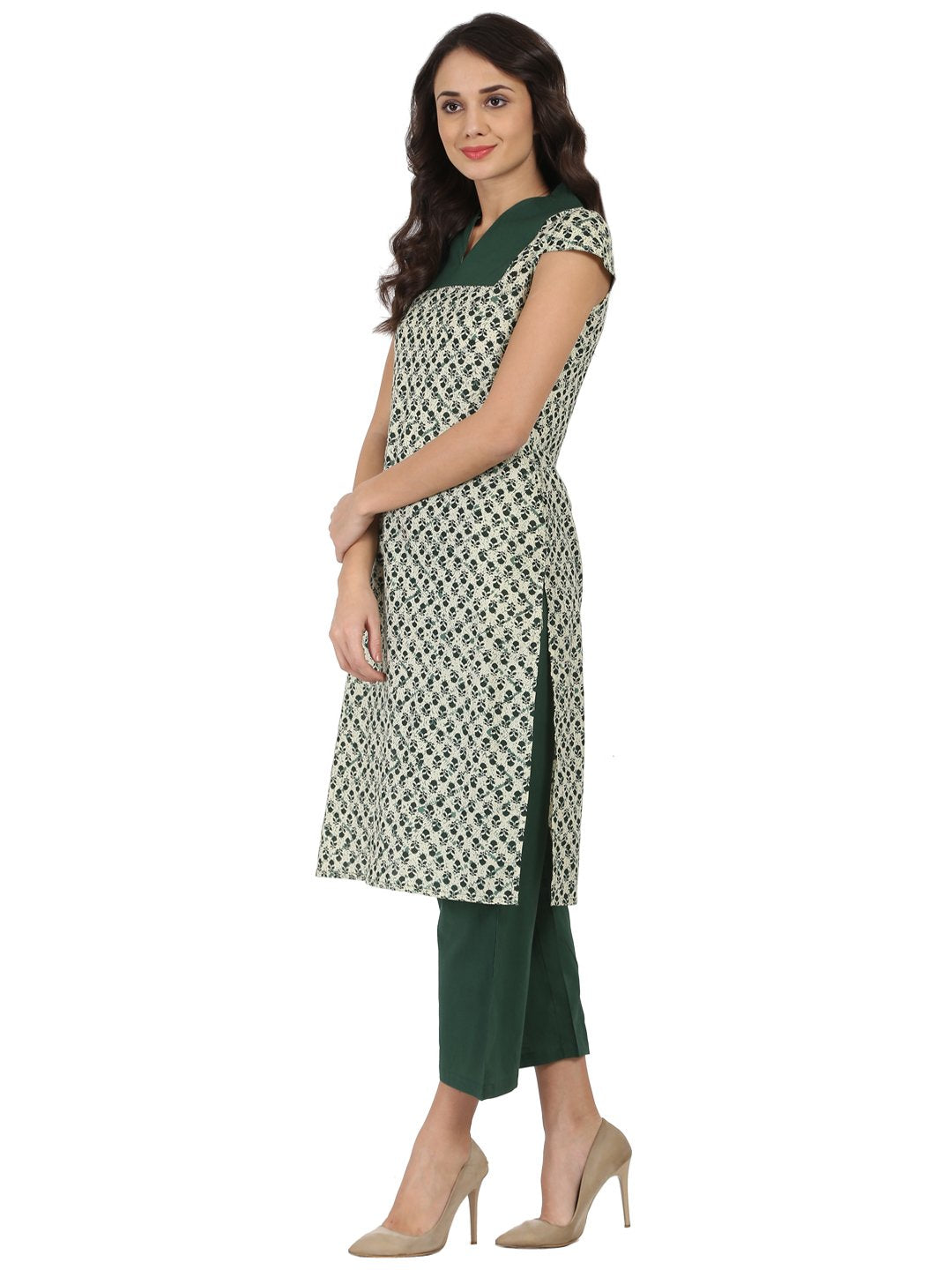 Women's Green Sleeveless Cotton Kurta With Green Palazzo