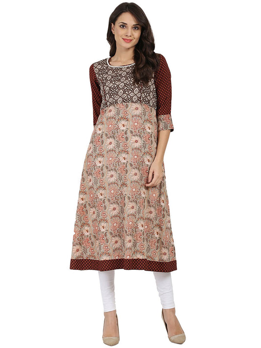 Women's Brown Printed 3/4Th Sleeve Cotton   A-Line Kurta