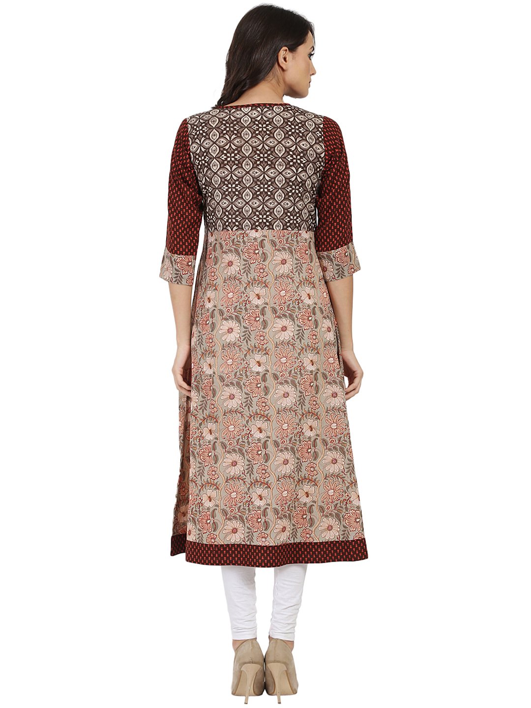 Women's Brown Printed 3/4Th Sleeve Cotton   A-Line Kurta