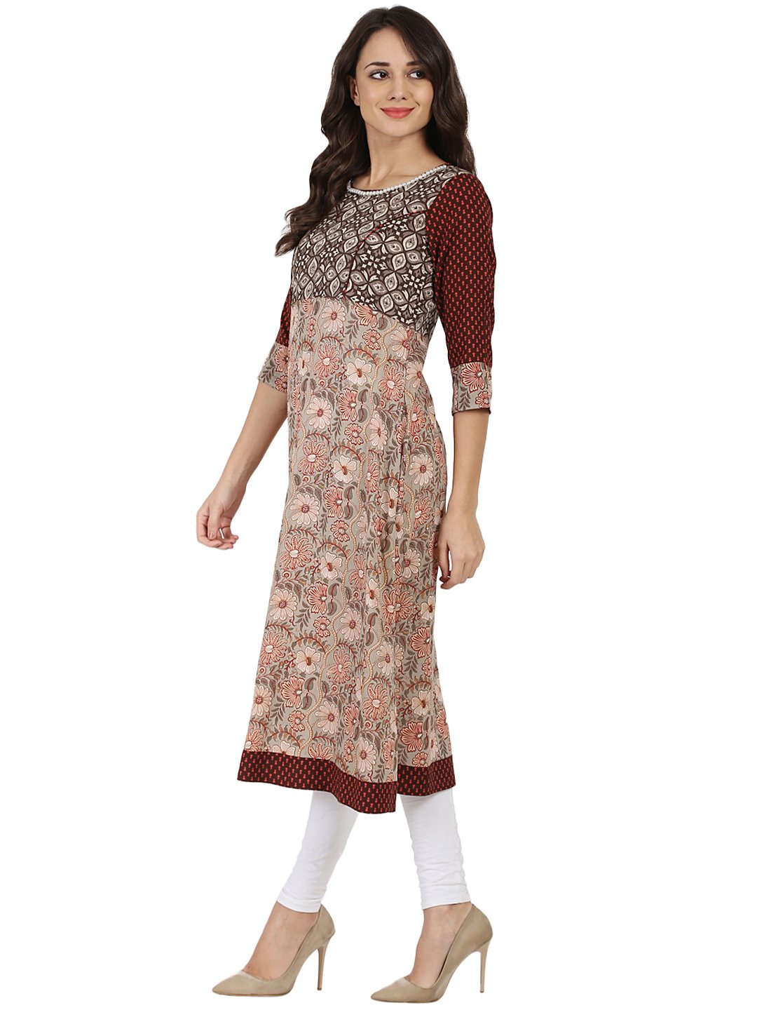 Women's Brown Printed 3/4Th Sleeve Cotton   A-Line Kurta