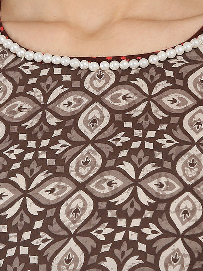 Women's Brown Printed 3/4Th Sleeve Cotton   A-Line Kurta