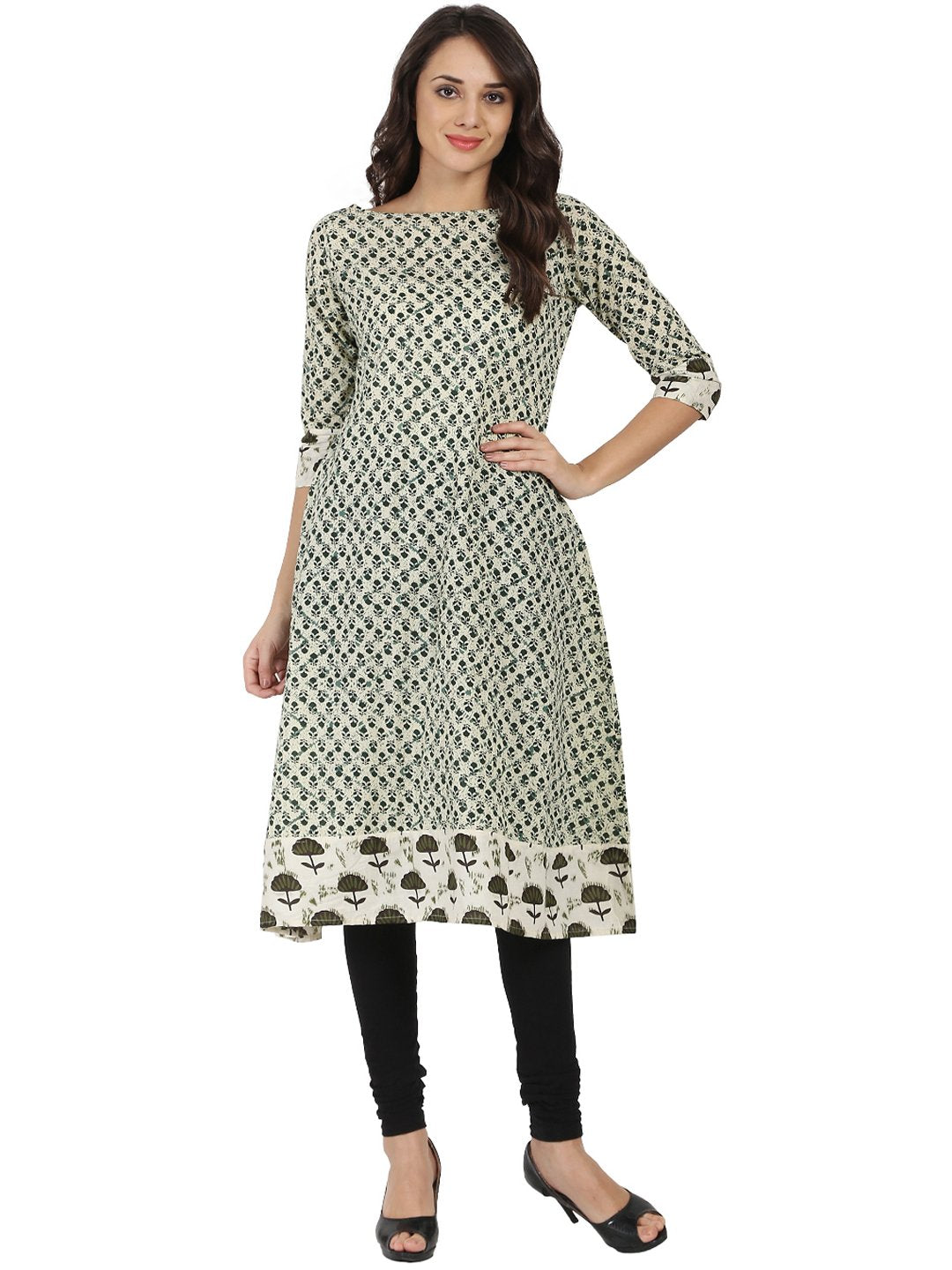 Women's Off White Printed 3/4Th Sleeve Cotton A-Line Kurta