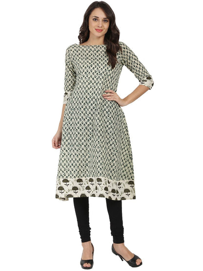 Women's Off White Printed 3/4Th Sleeve Cotton A-Line Kurta