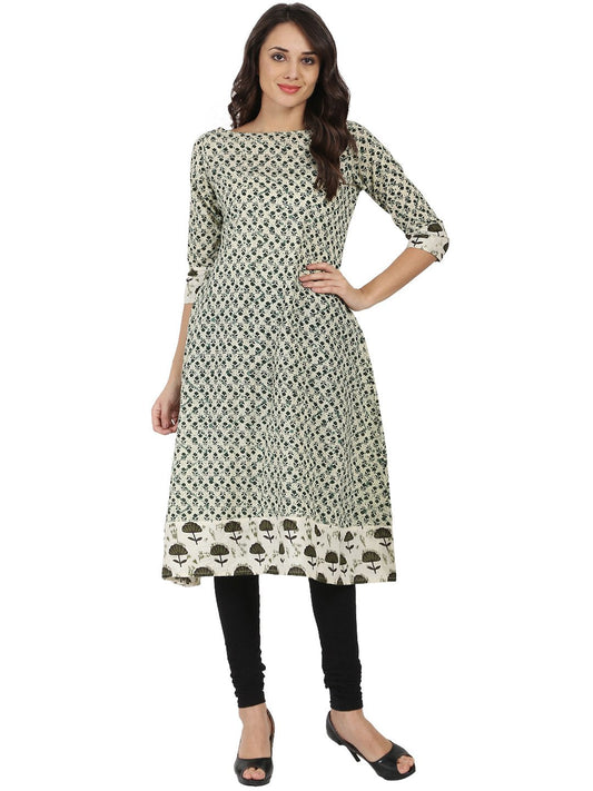 Women's Off White Printed 3/4Th Sleeve Cotton A-Line Kurta