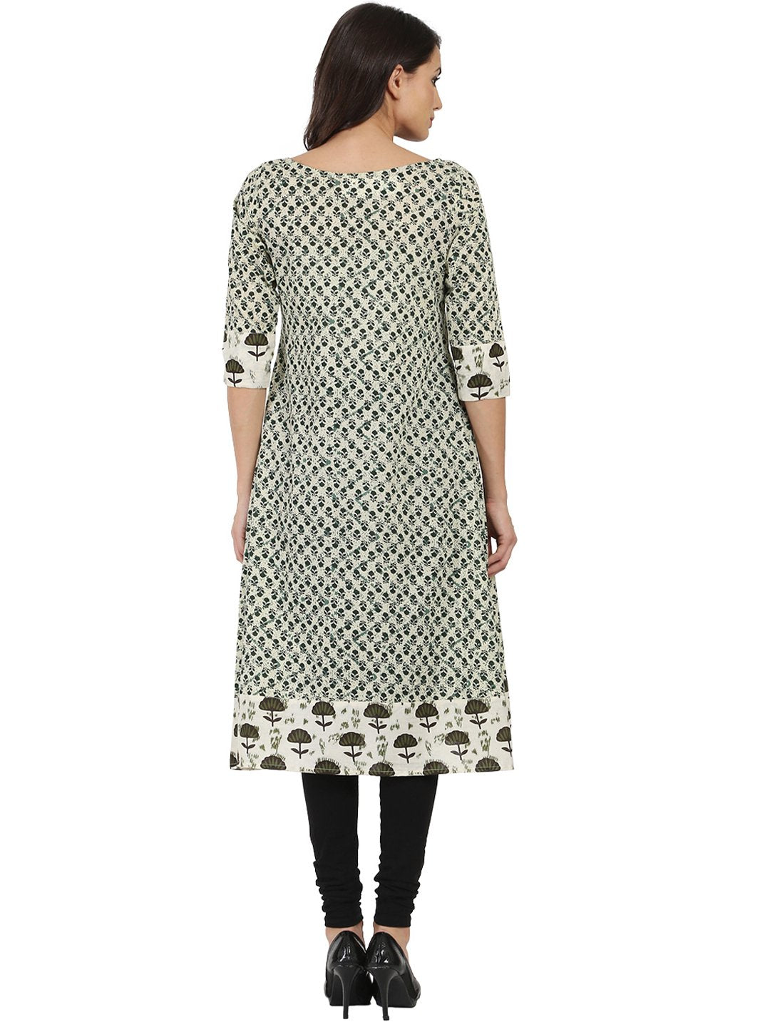 Women's Off White Printed 3/4Th Sleeve Cotton A-Line Kurta