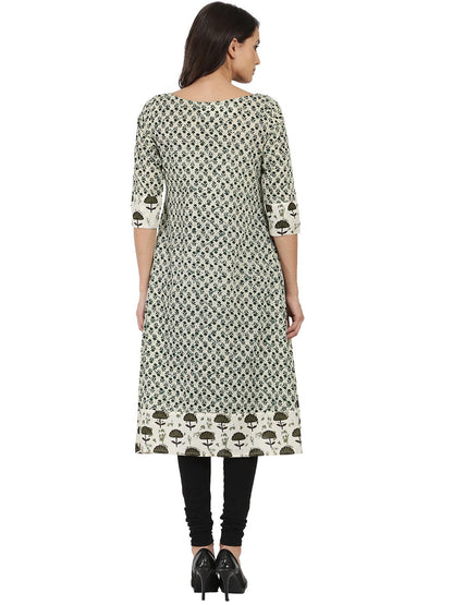 Women's Off White Printed 3/4Th Sleeve Cotton A-Line Kurta