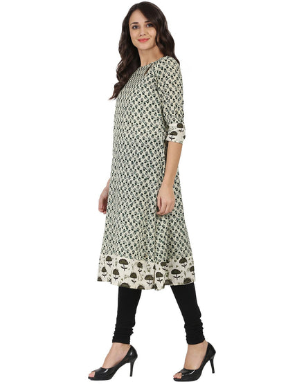Women's Off White Printed 3/4Th Sleeve Cotton A-Line Kurta