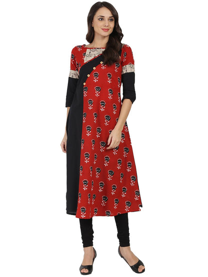 Women's Black & Red Printed Half Sleeve Cotton A-Line Kurta