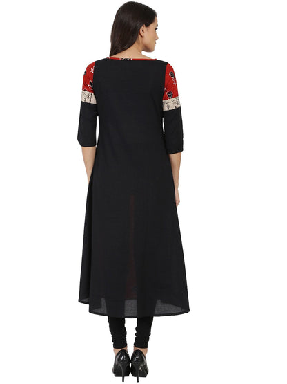 Women's Black & Red Printed Half Sleeve Cotton A-Line Kurta