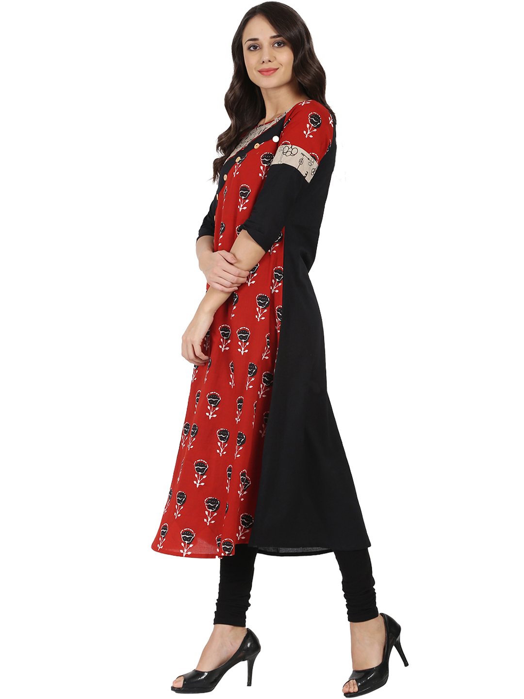Women's Black & Red Printed Half Sleeve Cotton A-Line Kurta