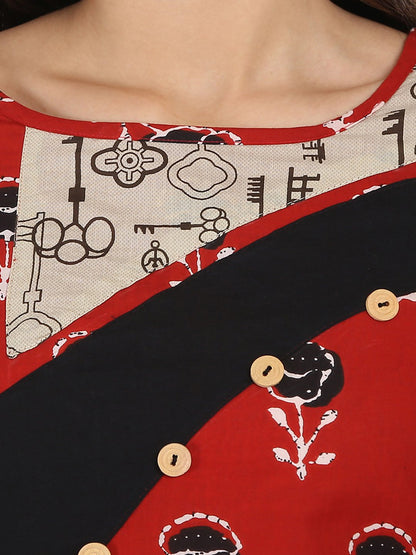 Women's Black & Red Printed Half Sleeve Cotton A-Line Kurta