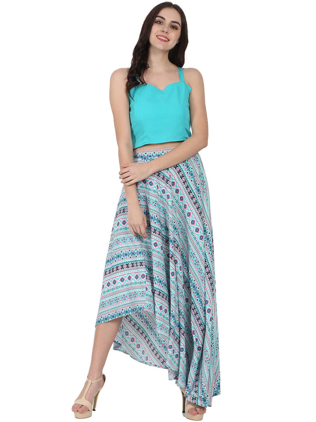 Women's Blue Sleeveless Crepe Crop Top With Flared Printed Assymetric Skirt
