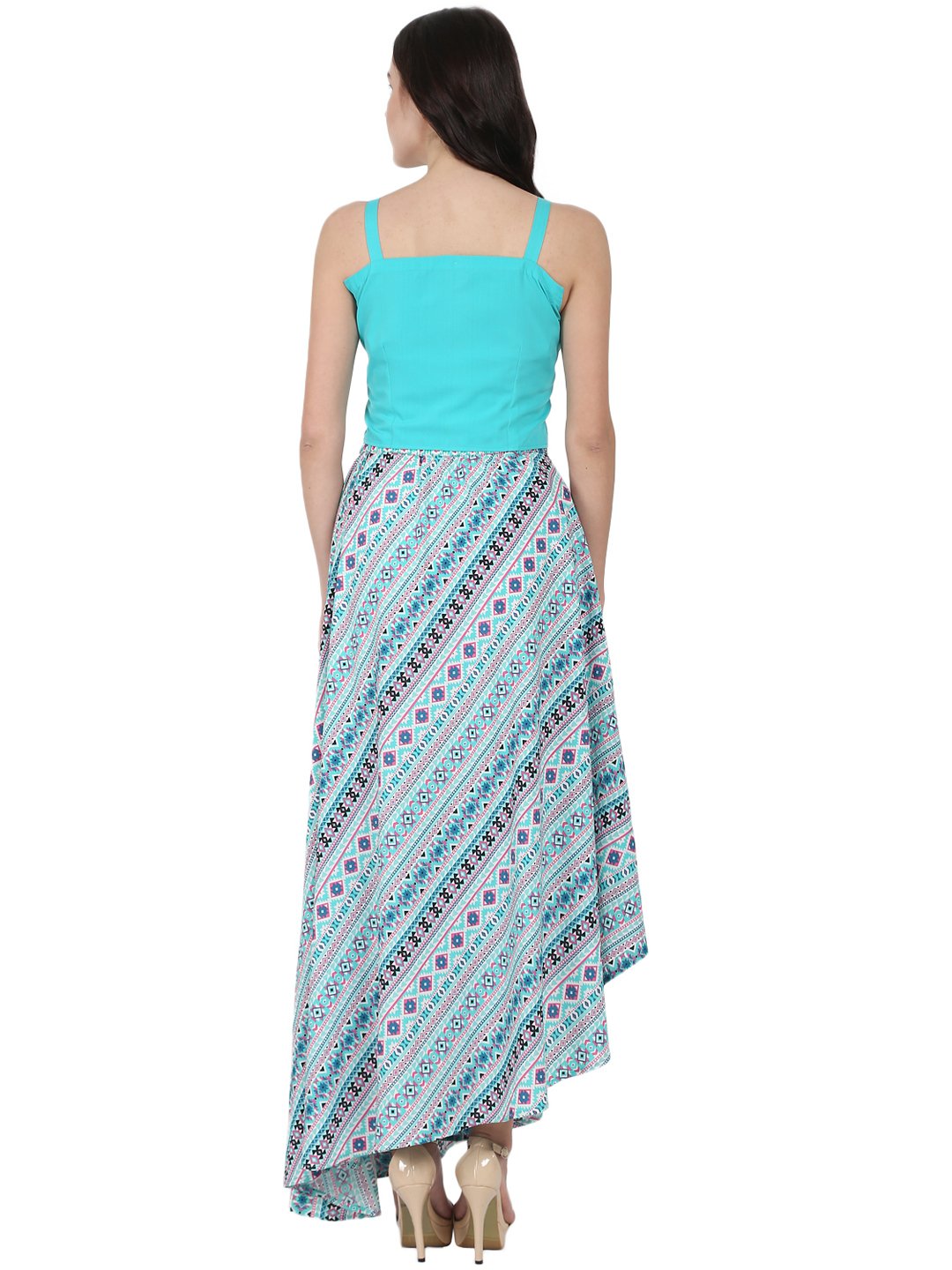 Women's Blue Sleeveless Crepe Crop Top With Flared Printed Assymetric Skirt