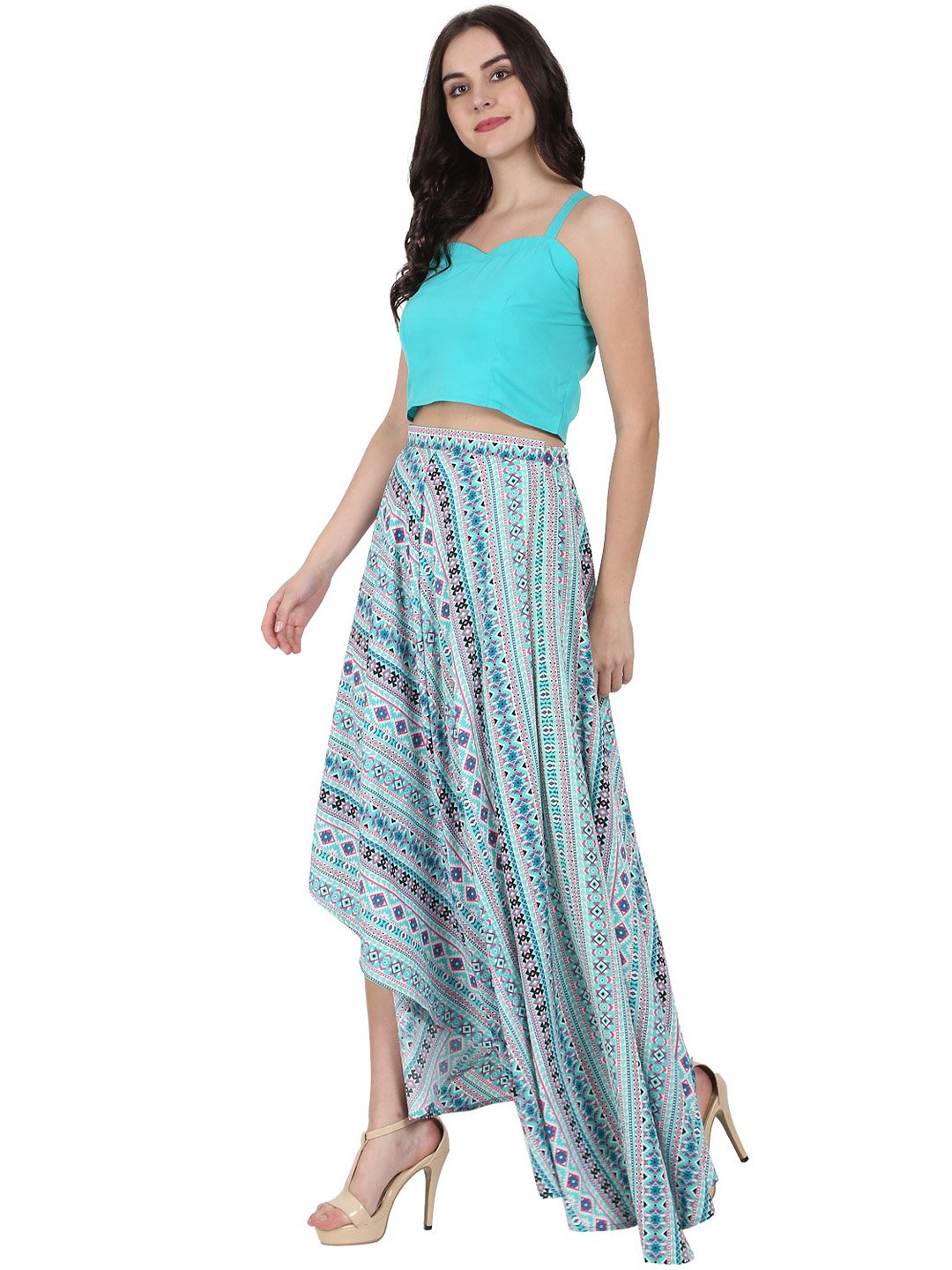 Women's Blue Sleeveless Crepe Crop Top With Flared Printed Assymetric Skirt