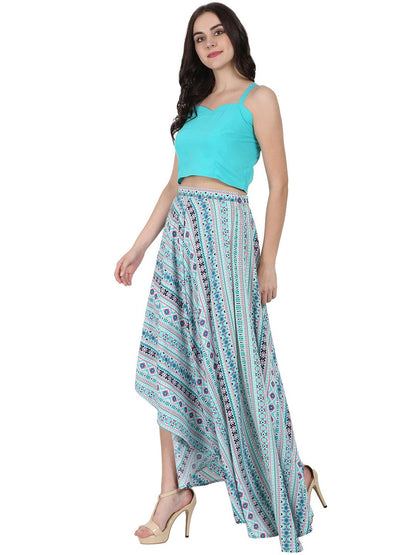 Women's Blue Sleeveless Crepe Crop Top With Flared Printed Assymetric Skirt