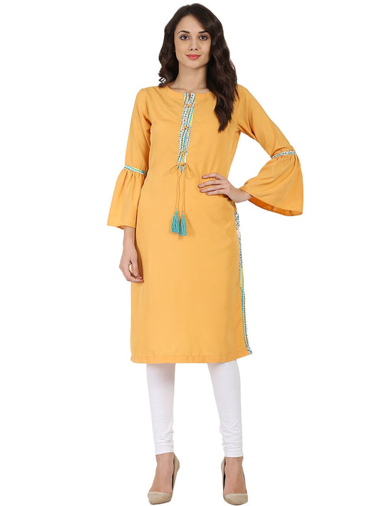 Women's Yellow 3/4Th Sleeve Crepe Kurta With Dori Work At Yoke