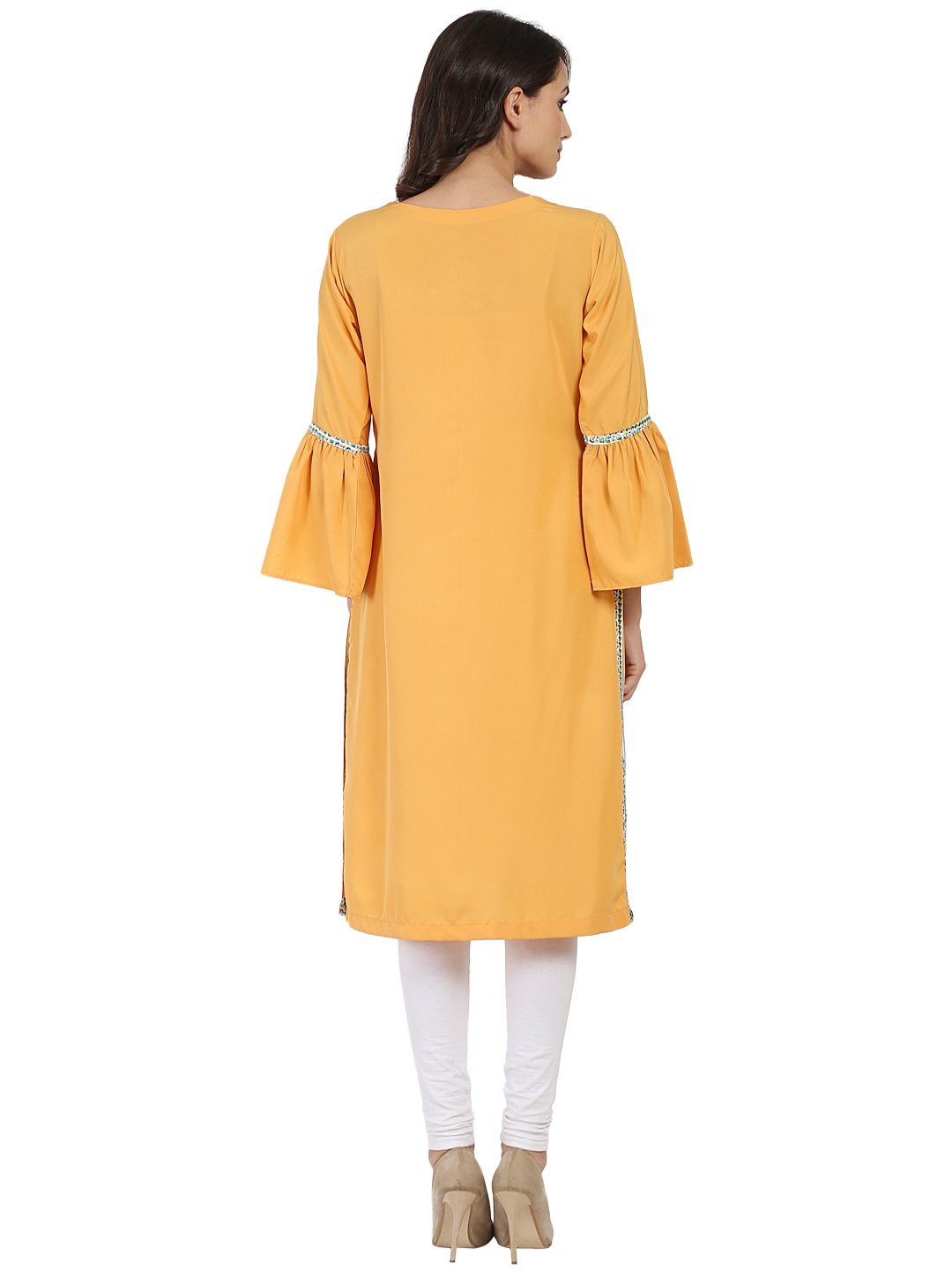 Women's Yellow 3/4Th Sleeve Crepe Kurta With Dori Work At Yoke