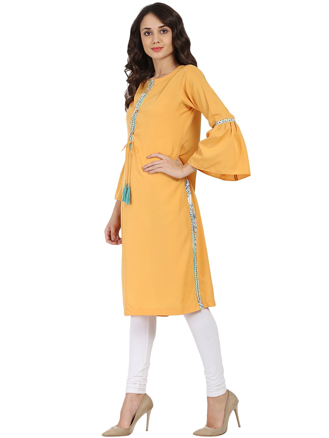 Women's Yellow 3/4Th Sleeve Crepe Kurta With Dori Work At Yoke