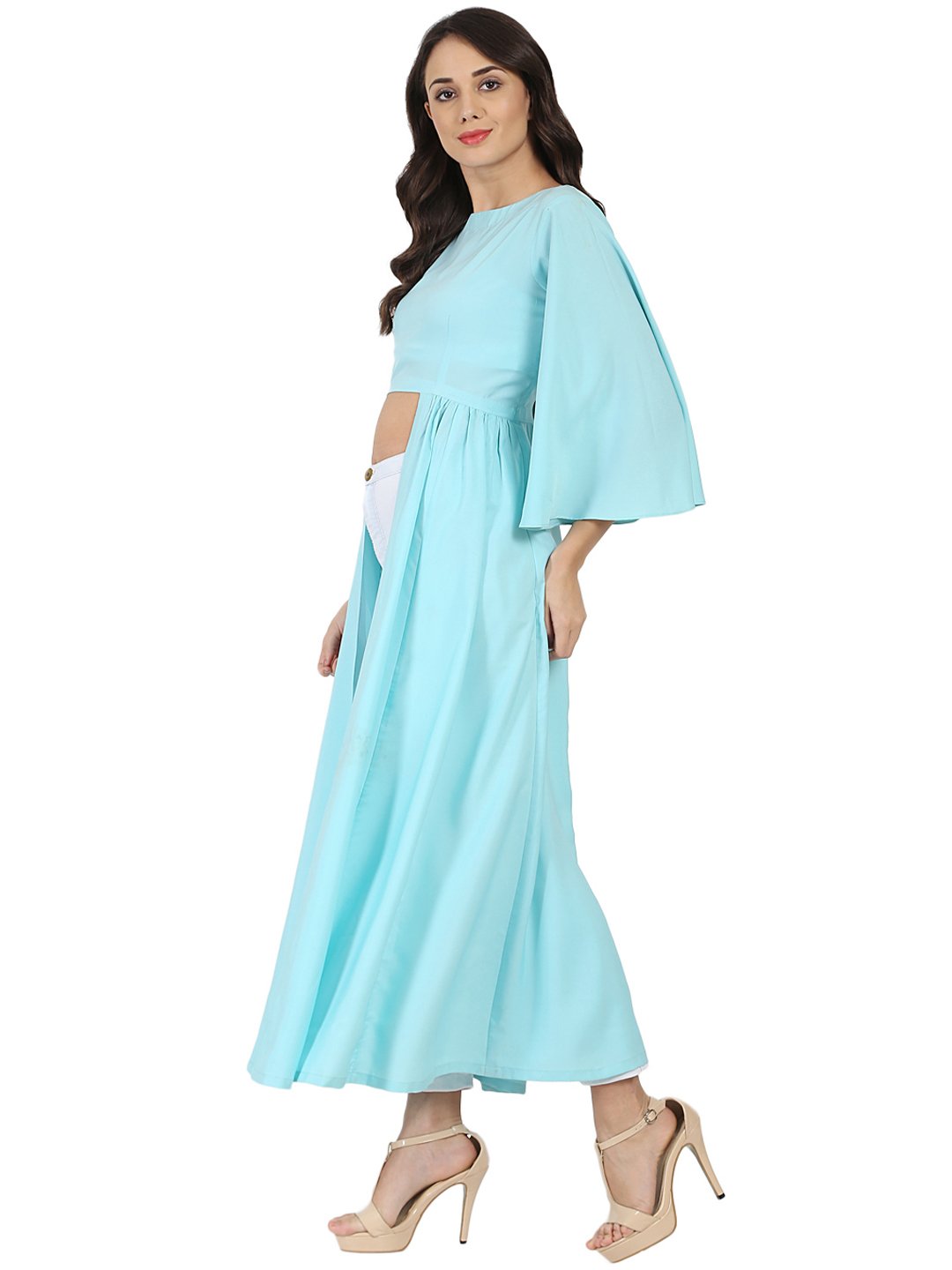 Women's Blue Half Sleeve Crepe A-Line Kurta