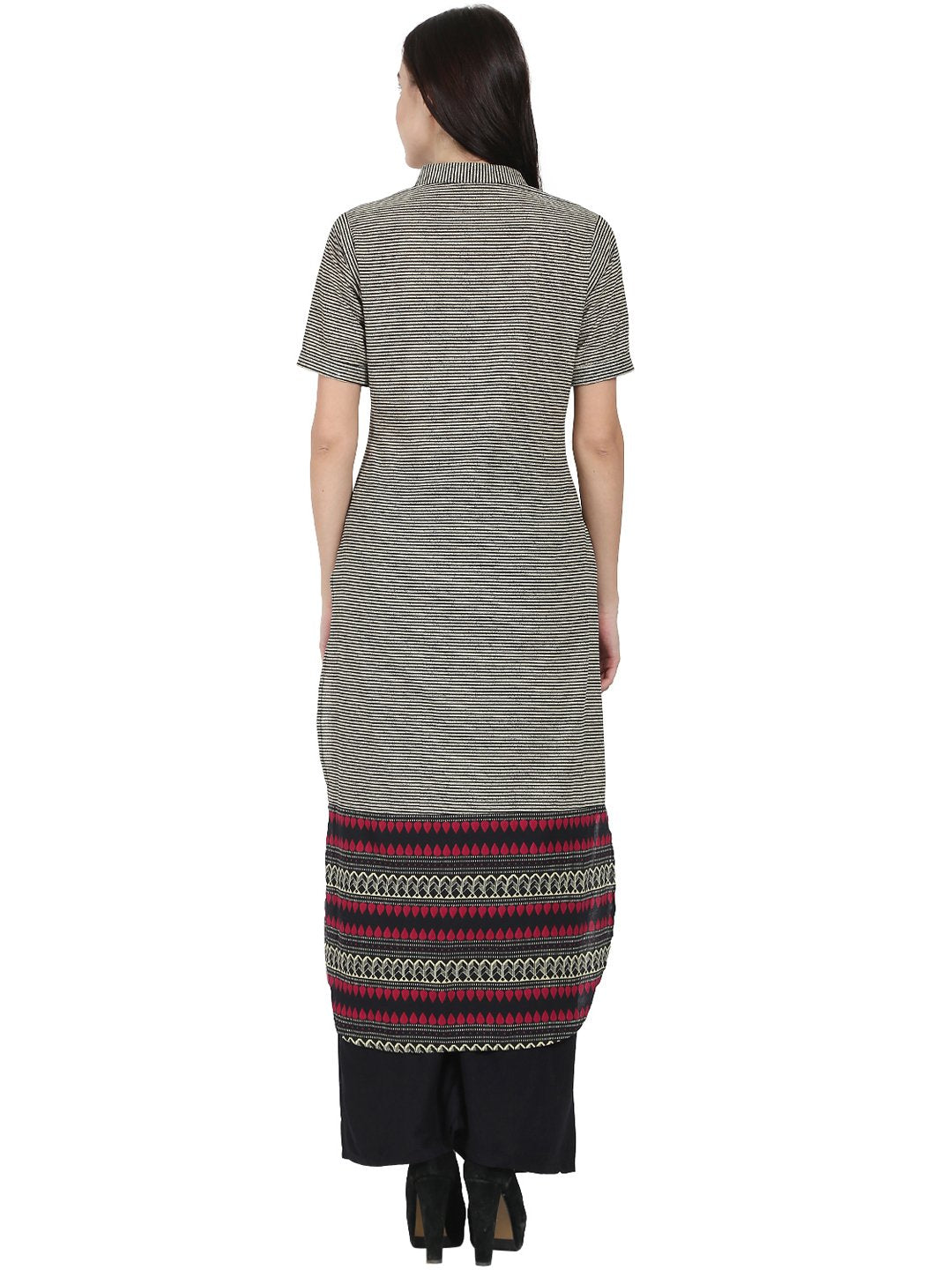 Women's Black Printed Half Sleeve Cotton Long Kurta