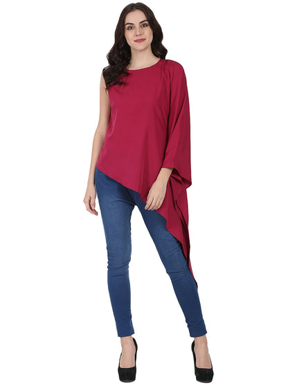 Women's Red One Side Sleeve Crepe Kaftan Kurta