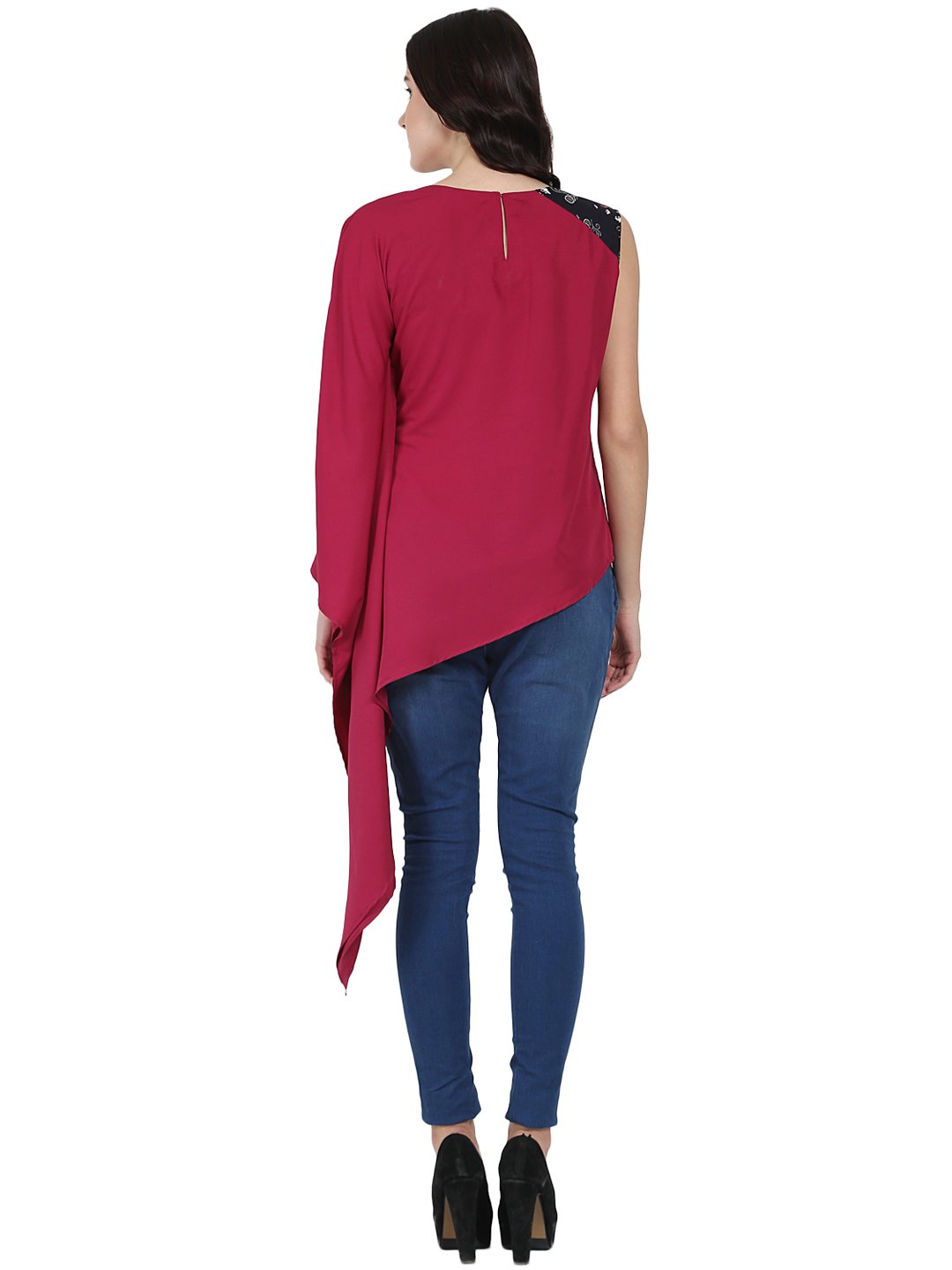 Women's Red One Side Sleeve Crepe Kaftan Kurta