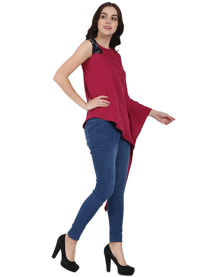Women's Red One Side Sleeve Crepe Kaftan Kurta