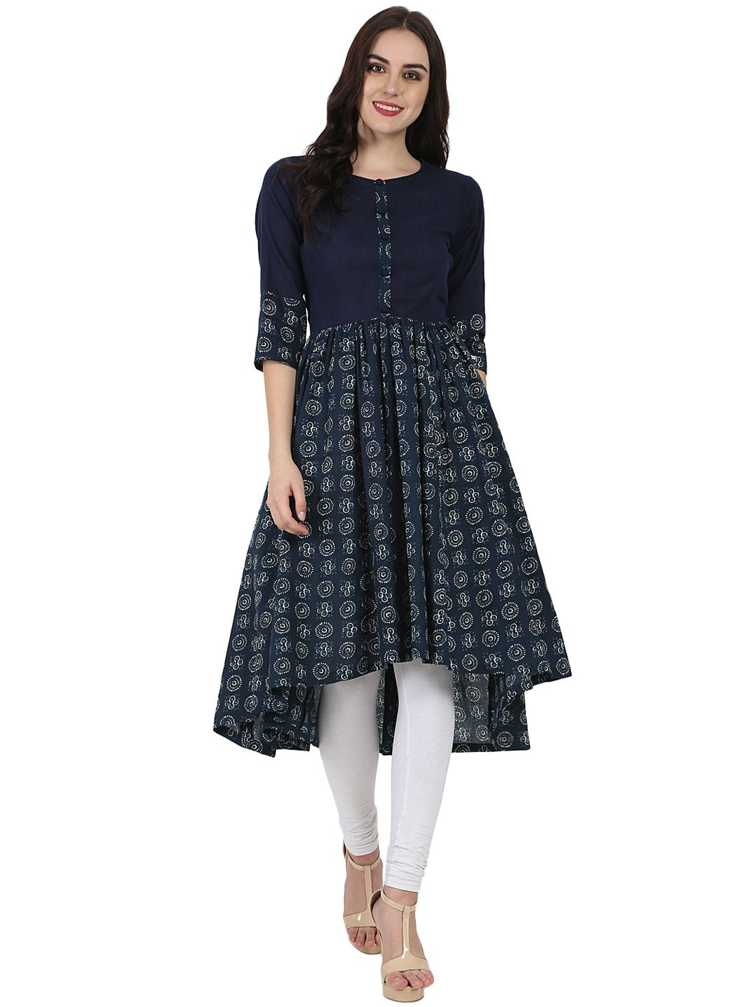 Women's Blue Printed 3/4Th Sleeve Cotton Anarkali Kurta