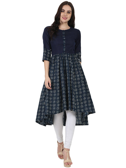Women's Blue Printed 3/4Th Sleeve Cotton Anarkali Kurta