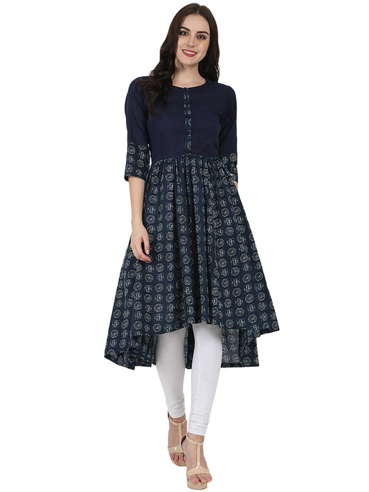 Women's Blue Printed 3/4Th Sleeve Cotton Anarkali Kurta