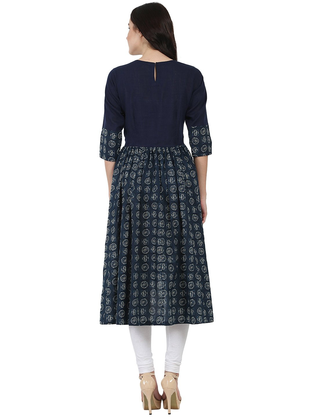 Women's Blue Printed 3/4Th Sleeve Cotton Anarkali Kurta