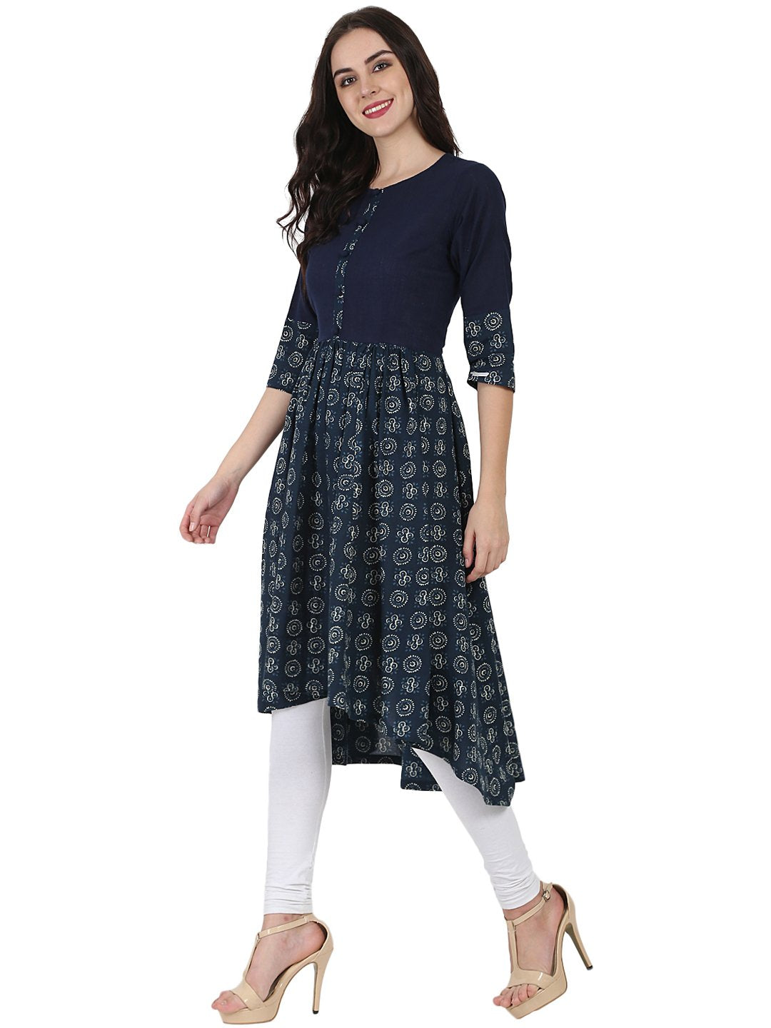 Women's Blue Printed 3/4Th Sleeve Cotton Anarkali Kurta