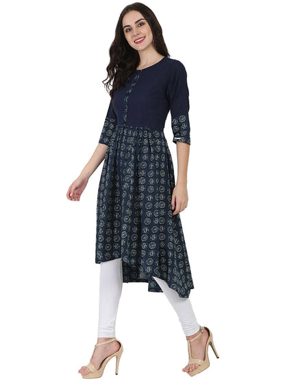 Women's Blue Printed 3/4Th Sleeve Cotton Anarkali Kurta