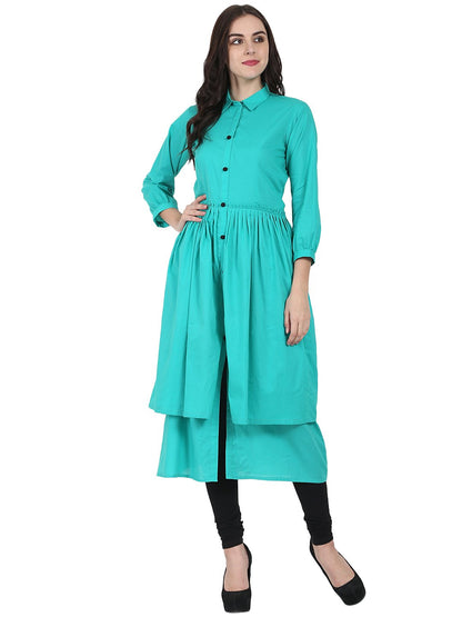 Women's Sea Green 3/4Th Sleeve Cotton Layerd Anarkali Kurta