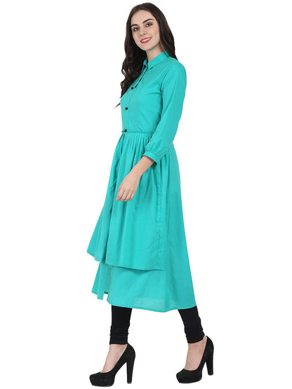 Women's Sea Green 3/4Th Sleeve Cotton Layerd Anarkali Kurta