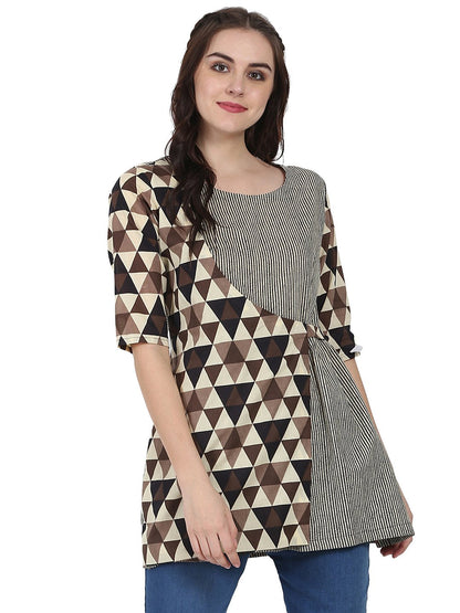 Women's Beige Printed 3/4Th Sleeve Cotton Layered Tunic