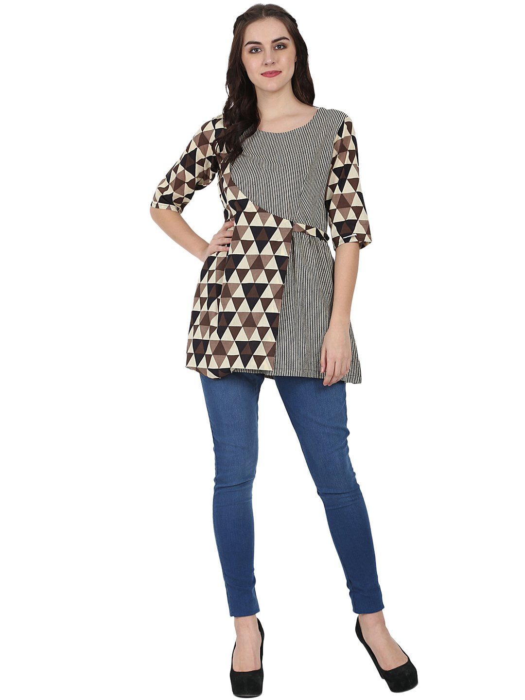 Women's Beige Printed 3/4Th Sleeve Cotton Layered Tunic