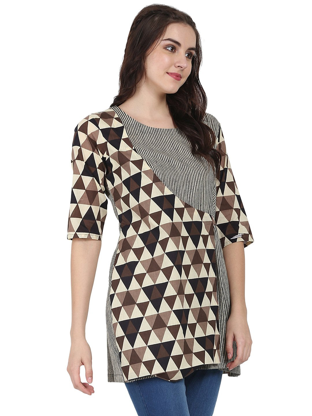 Women's Beige Printed 3/4Th Sleeve Cotton Layered Tunic