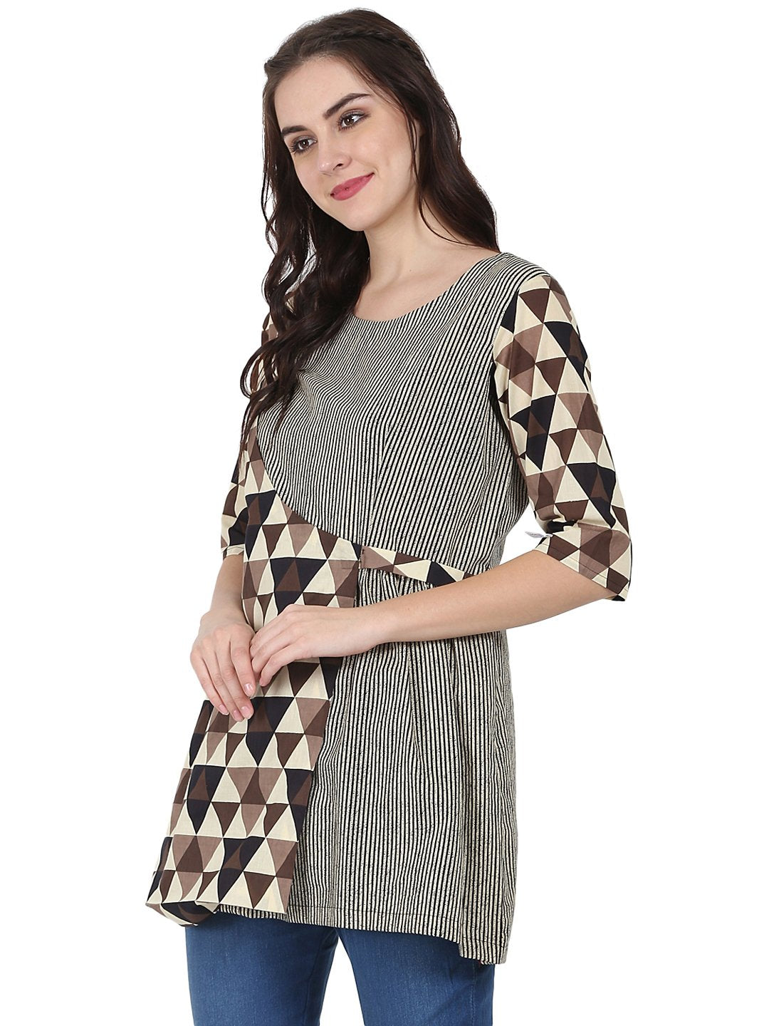 Women's Beige Printed 3/4Th Sleeve Cotton Layered Tunic