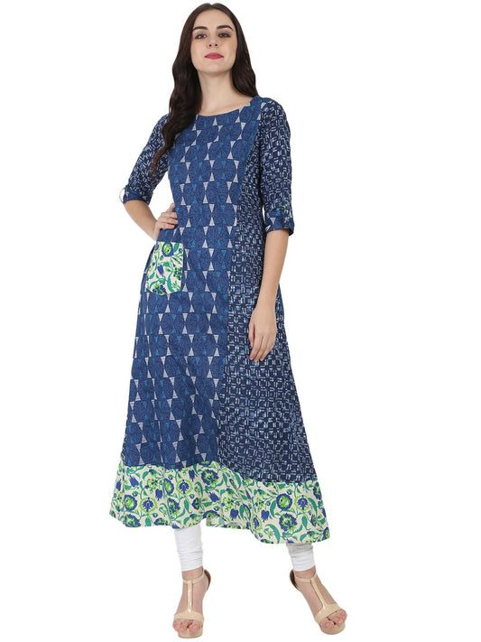 Women's Blue Printed 3/4Th Cotton A-Line Kurta With Side Pocket